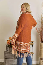 ADORA Full Size Fringe Hem Aztec Border Cardigan Plus Size - LoveNest Treasures