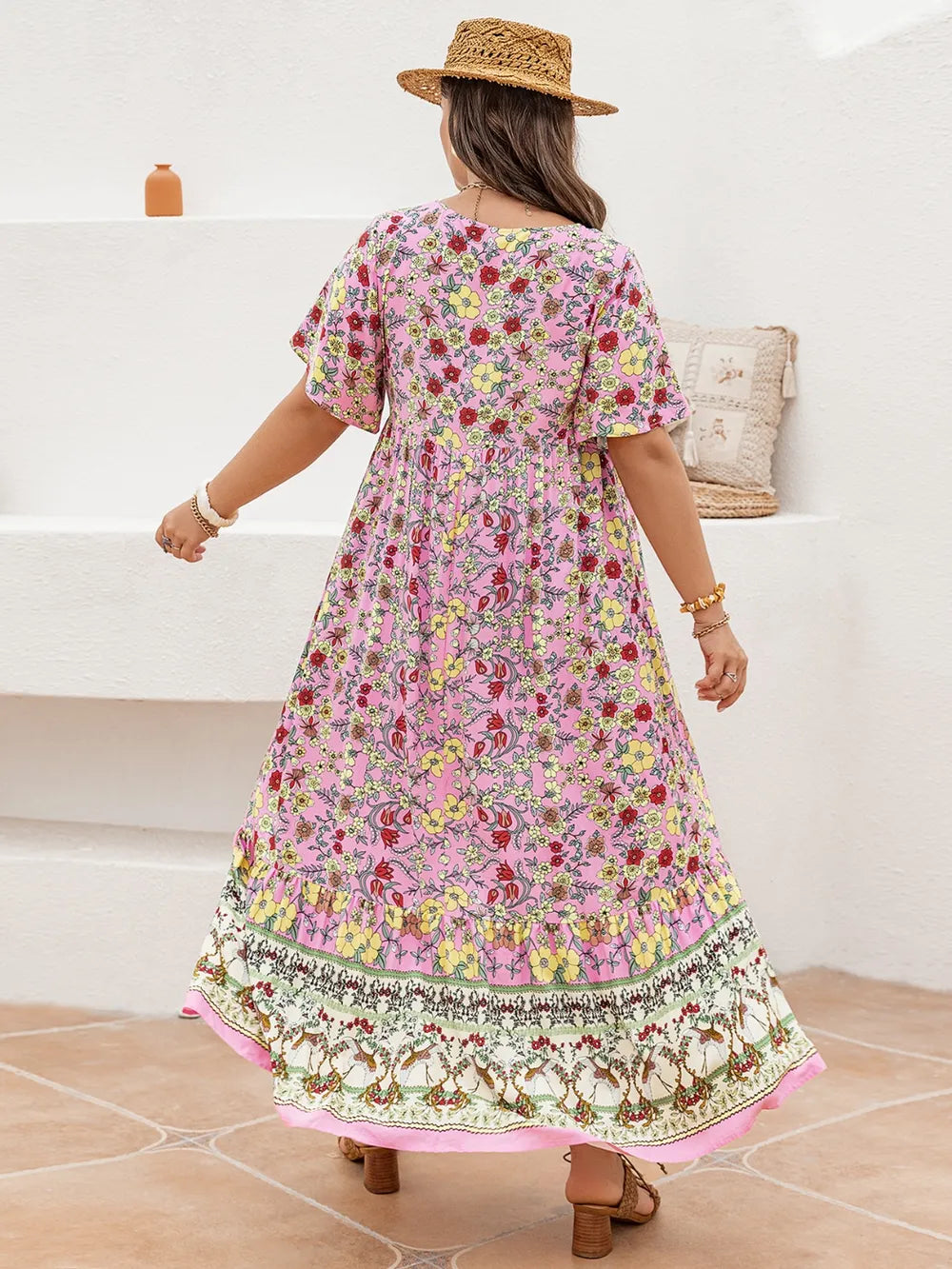 Plus Size Floral Tie Neck Flutter Sleeve Maxi Dress - LoveNest Treasures