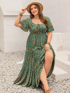 Plus Size Printed Short Sleeve Tiered Maxi Dress - LoveNest Treasures