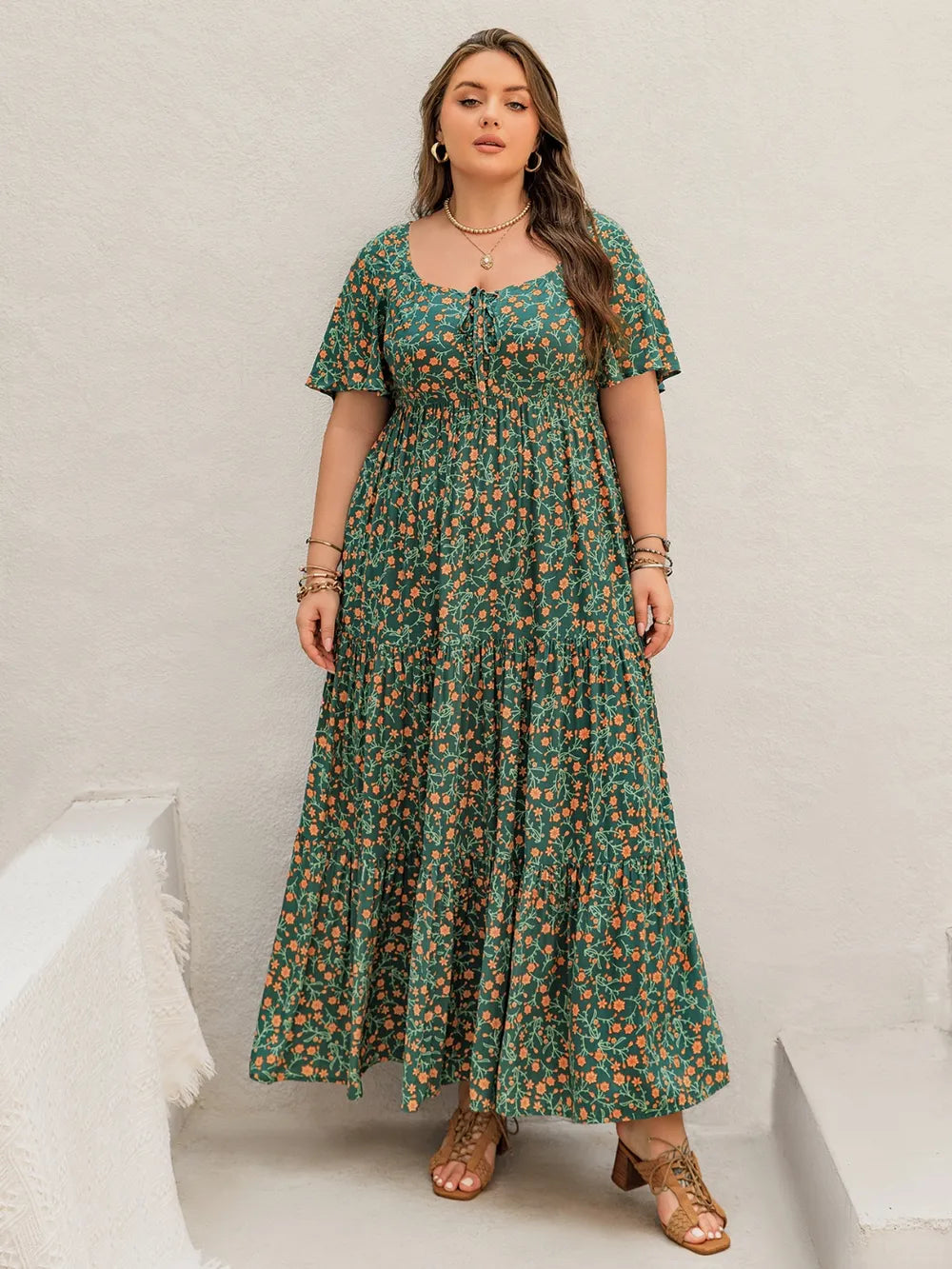 Plus Size Printed Short Sleeve Tiered Maxi Dress - LoveNest Treasures