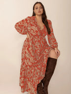 Plus Size Lace Detail Printed Balloon Sleeve Midi Dress - LoveNest Treasures