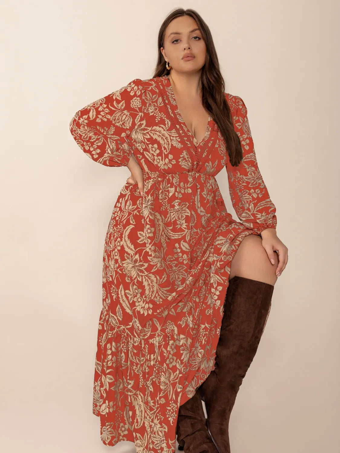 Plus Size Lace Detail Printed Balloon Sleeve Midi Dress - LoveNest Treasures