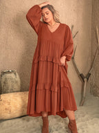 Plus Size Ruffled V-Neck Balloon Sleeve Dress - LoveNest Treasures