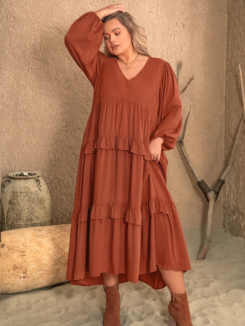 Plus Size Ruffled V-Neck Balloon Sleeve Dress - LoveNest Treasures