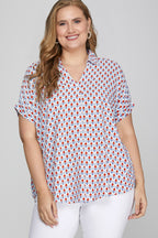 She + Sky Full Size Printed Johnny Collar Short Sleeve Blouse Plus Size - LoveNest Treasures