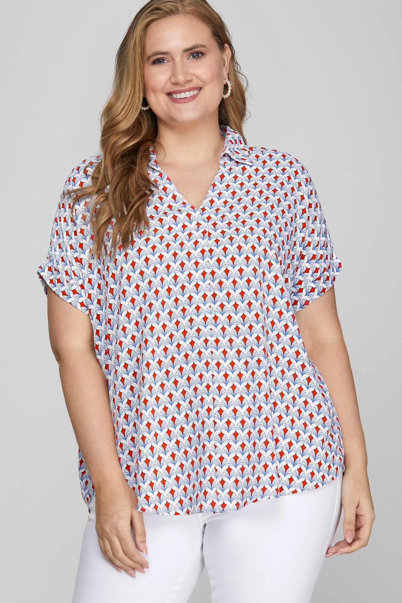 She + Sky Full Size Printed Johnny Collar Short Sleeve Blouse Plus Size - LoveNest Treasures