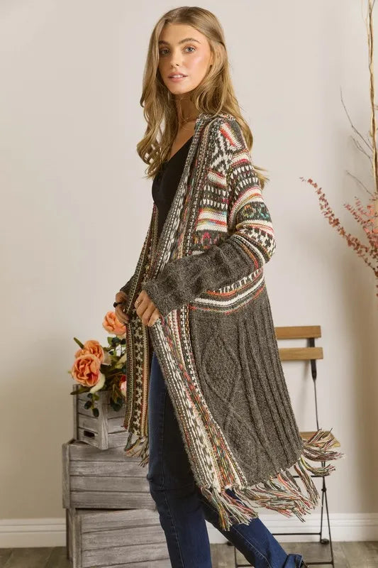 ADORA Full Size Fringe Hem Aztec Cardigan Plus Size - LoveNest Treasures