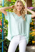 Heimish Full Size Exposed Seam V-Neck Short Sleeve Leopard Top Plus Size - LoveNest Treasures