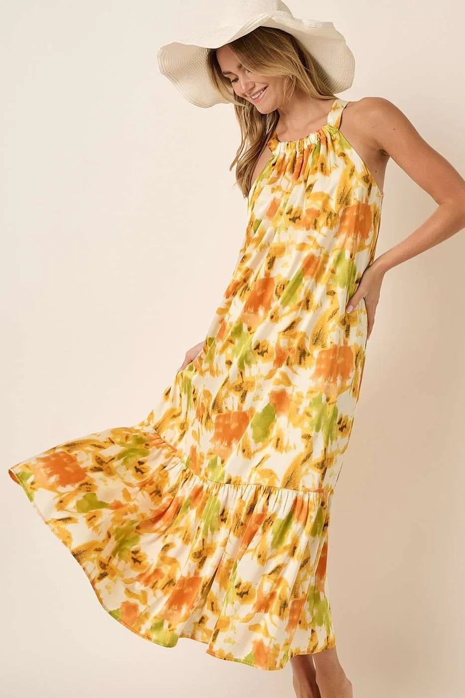 Mittoshop Watercolor Print Halter Neck Satin Maxi Dress - LoveNest Treasures