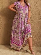 Plus Size Printed V-Neck Cap Sleeve Maxi Dress - LoveNest Treasures