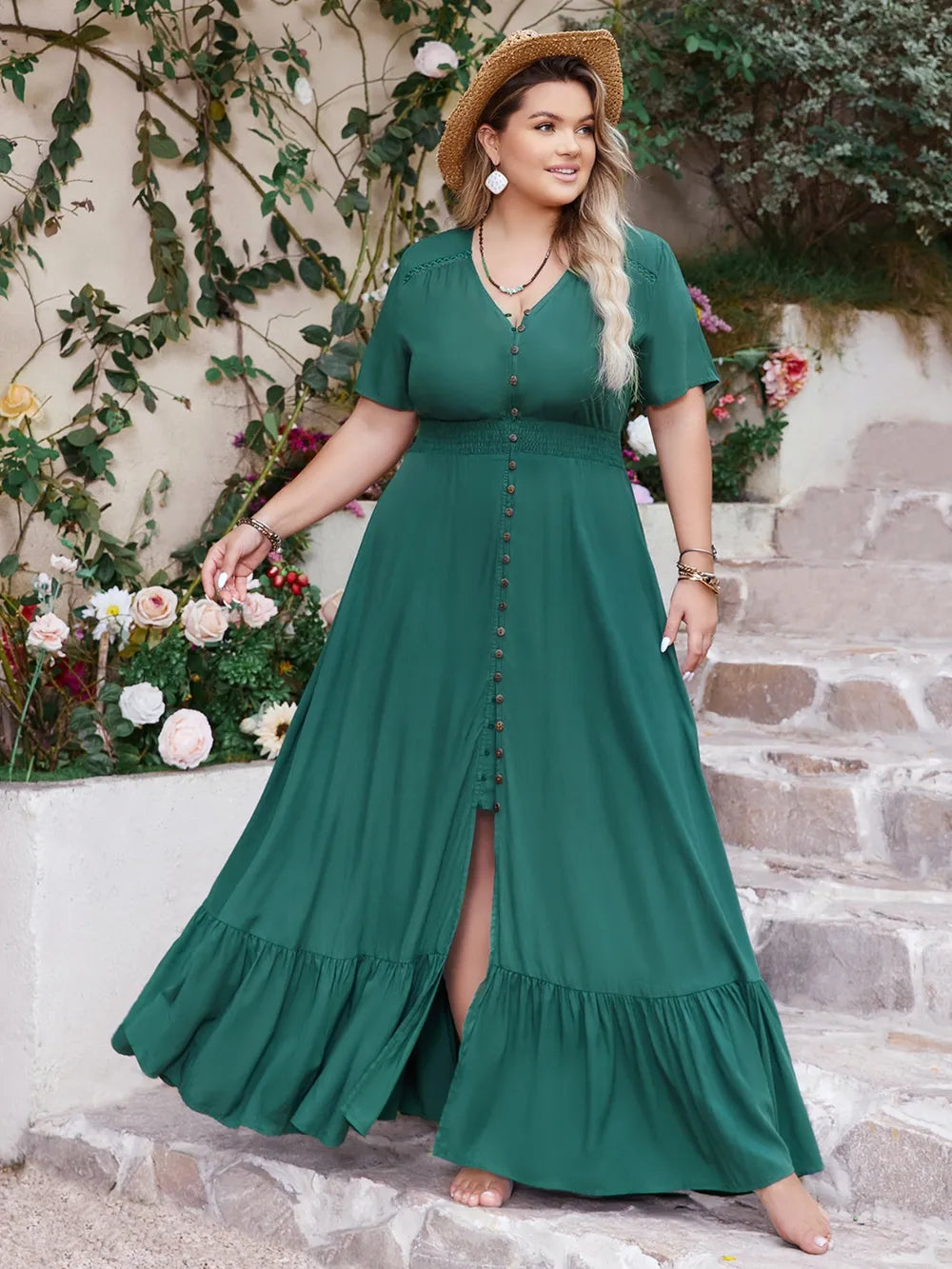 Plus Size Button Detail V-Neck Short Sleeve Maxi Dress - LoveNest Treasures