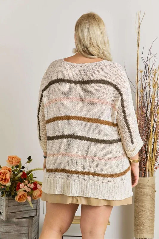 ADORA Full Size Multi Color Strip Sweater Plus Size - LoveNest Treasures
