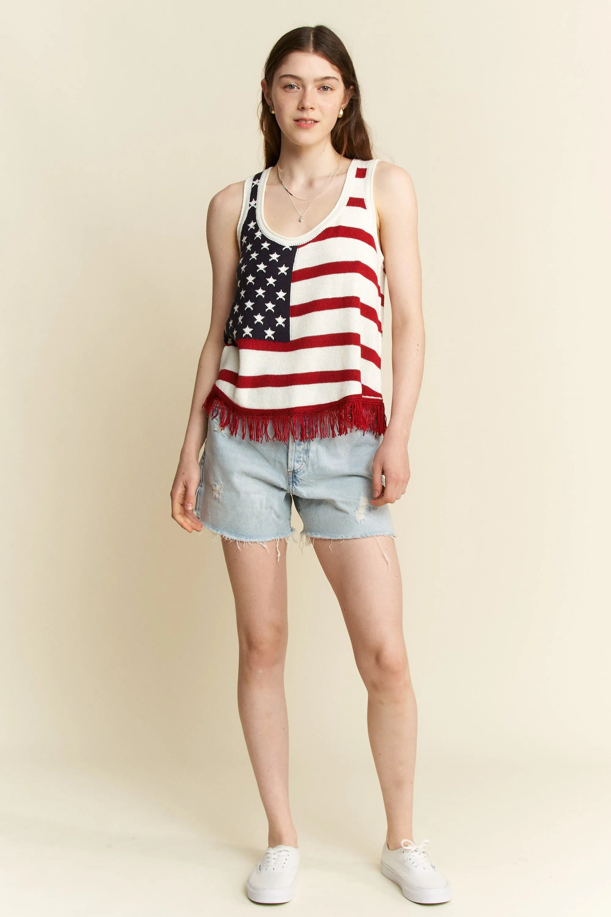 Jade By Jane Full Size American Flag Fringe Tank Top Plus Size - LoveNest Treasures