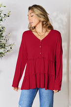 Double Take Half Button Long Sleeve Ruffle Hem Blouse - LoveNest Treasures
