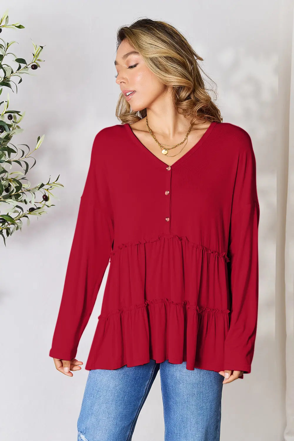 Double Take Half Button Long Sleeve Ruffle Hem Blouse - LoveNest Treasures
