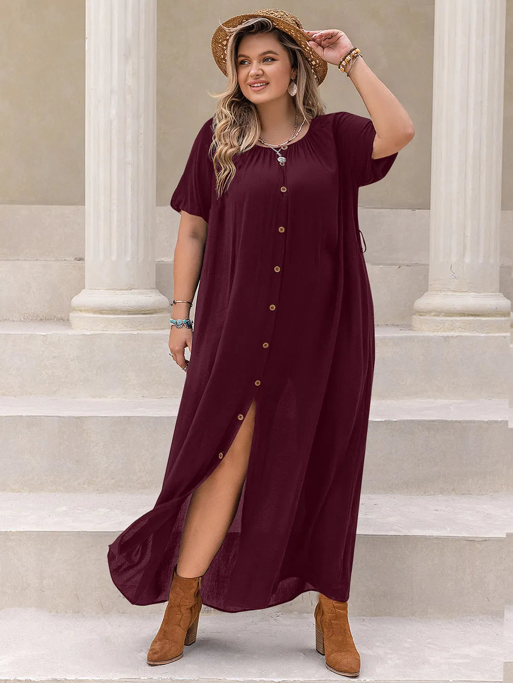Plus Size Round Neck Half Sleeve Dress - LoveNest Treasures