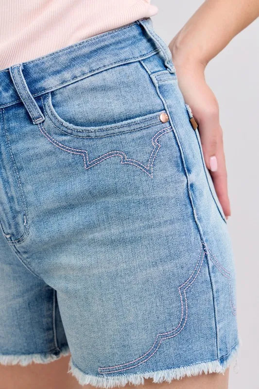Judy Blue Full Size High Waist Western Embroidery Detail Cut Off Denim Shorts Plus Size - LoveNest Treasures