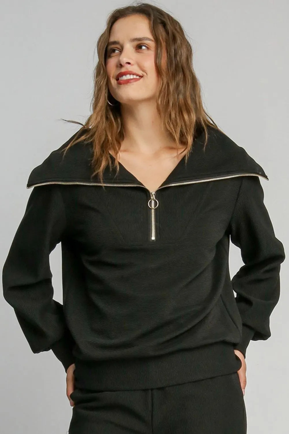 Umgee Full Size Ribbed Knit Half Zipper Sweatshirt Plus Size - LoveNest Treasures