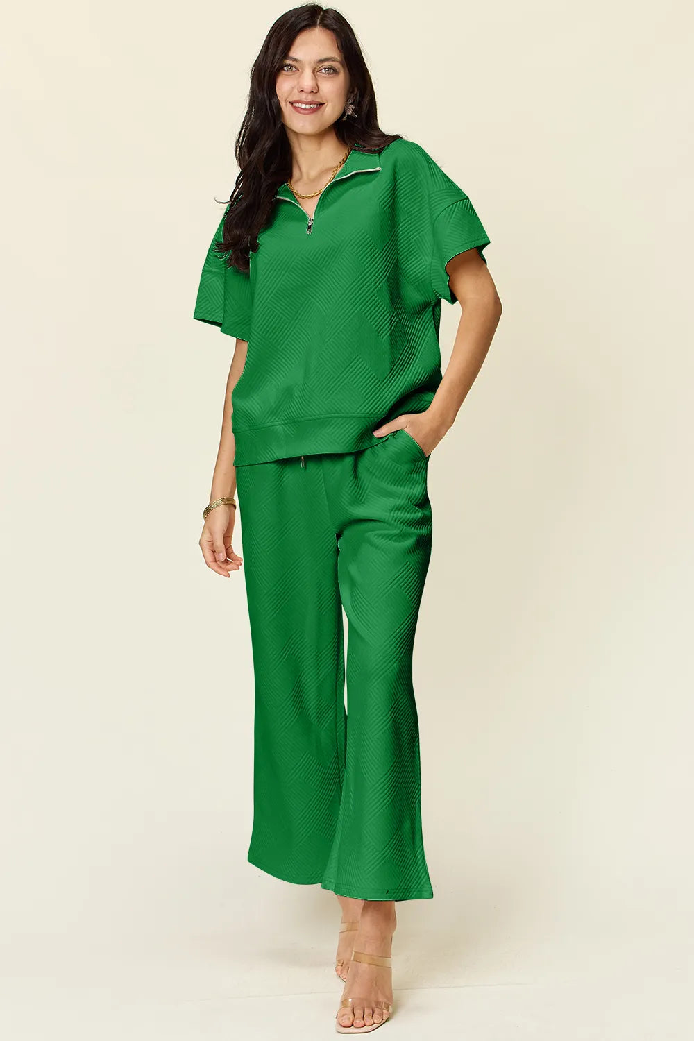 Double Take Full Size Texture Half Zip Short Sleeve Top and Pants Set - LoveNest Treasures