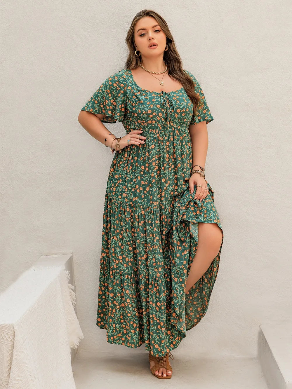 Plus Size Printed Short Sleeve Tiered Maxi Dress - LoveNest Treasures