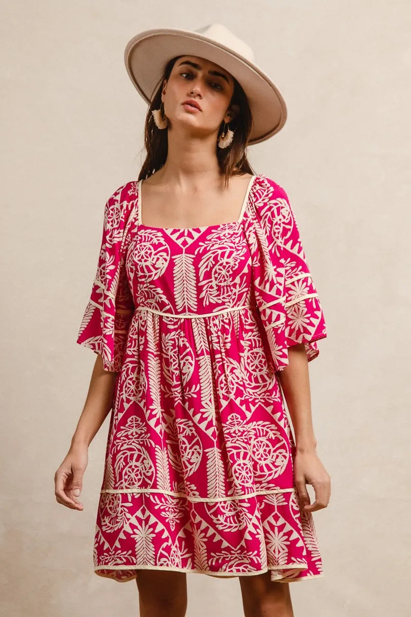 BiBi Aztec Woven Printed Contrast Binding Dress - LoveNest Treasures