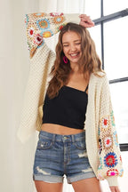 ADORA Full Size Contrast Crochet Open Front Long Sleeve Cardigan - LoveNest Treasures