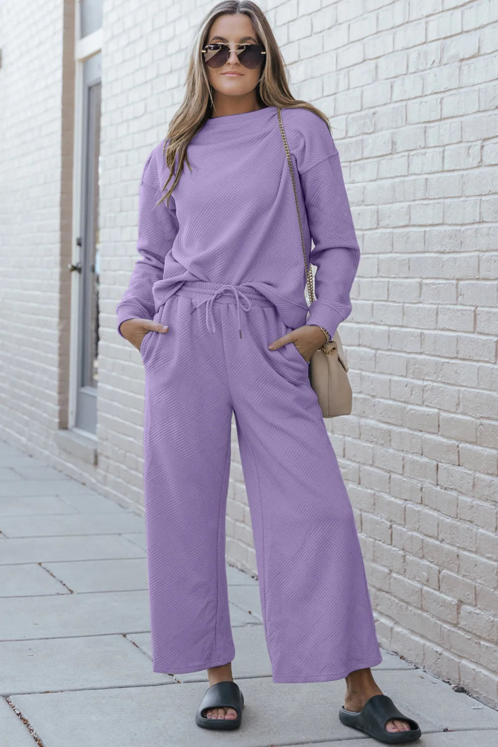 Double Take Full Size Textured Long Sleeve Top and Drawstring Pants Set - LoveNest Treasures