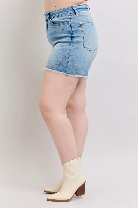 Judy Blue Full Size High Waist Western Embroidery Detail Cut Off Denim Shorts Plus Size - LoveNest Treasures