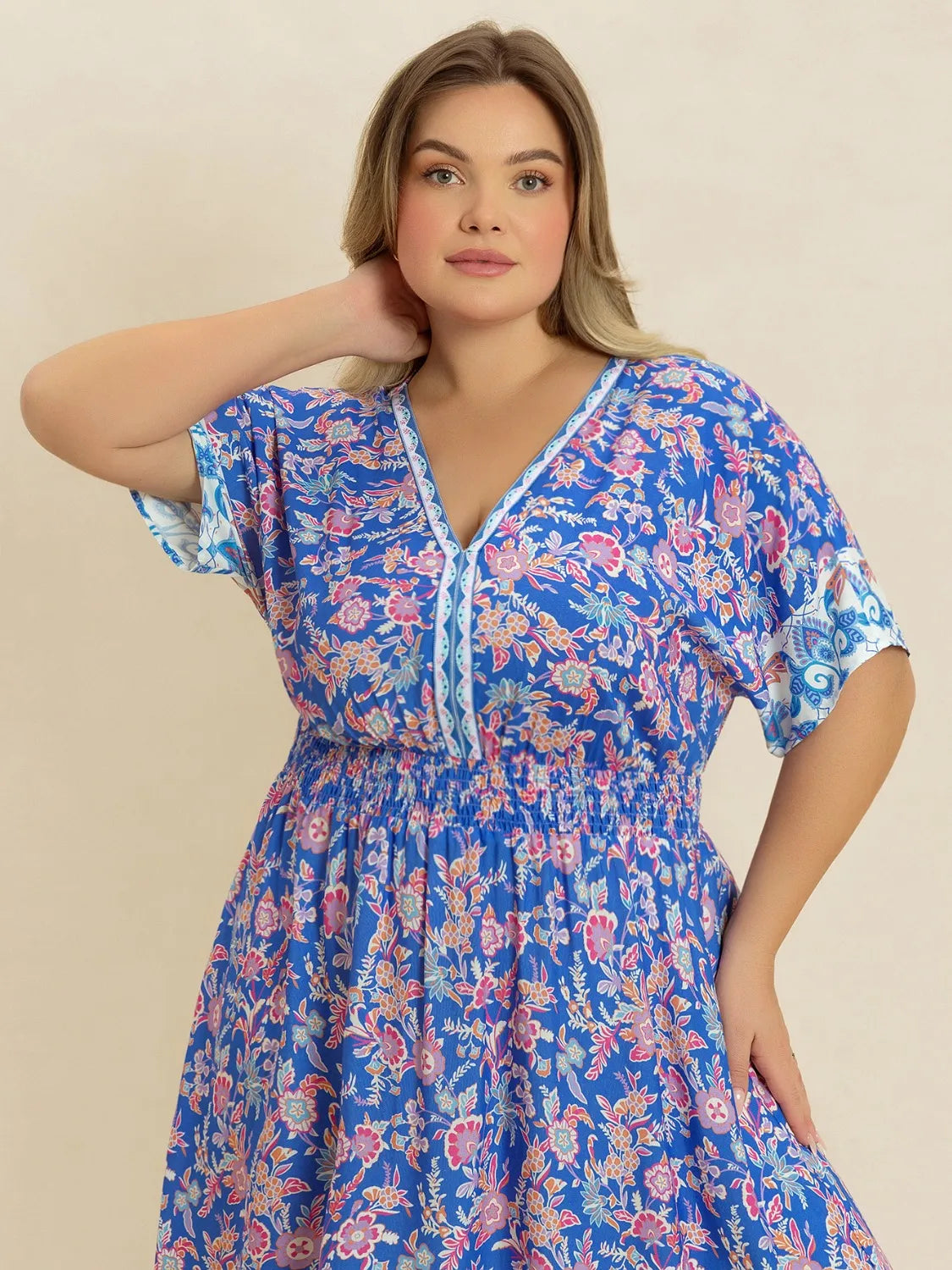Plus Size Smocked Printed Half Sleeve Midi Dress - LoveNest Treasures