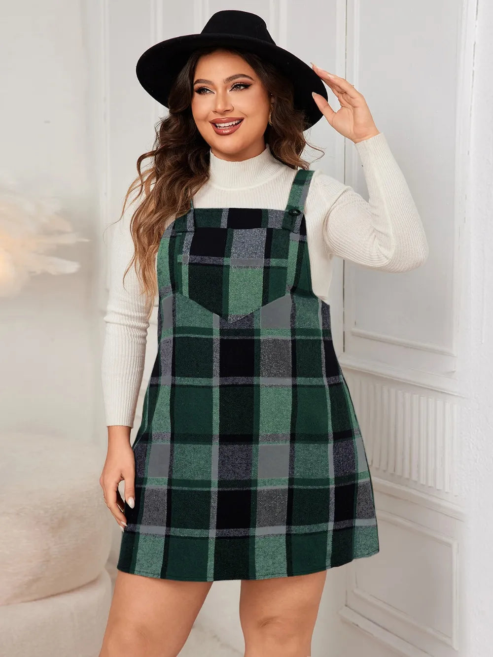 Honey Plus Size Plaid Wide Strap Overall Dress - LoveNest Treasures