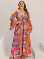 Plus Size Printed V-Neck Long Sleeve Maxi Dress - LoveNest Treasures