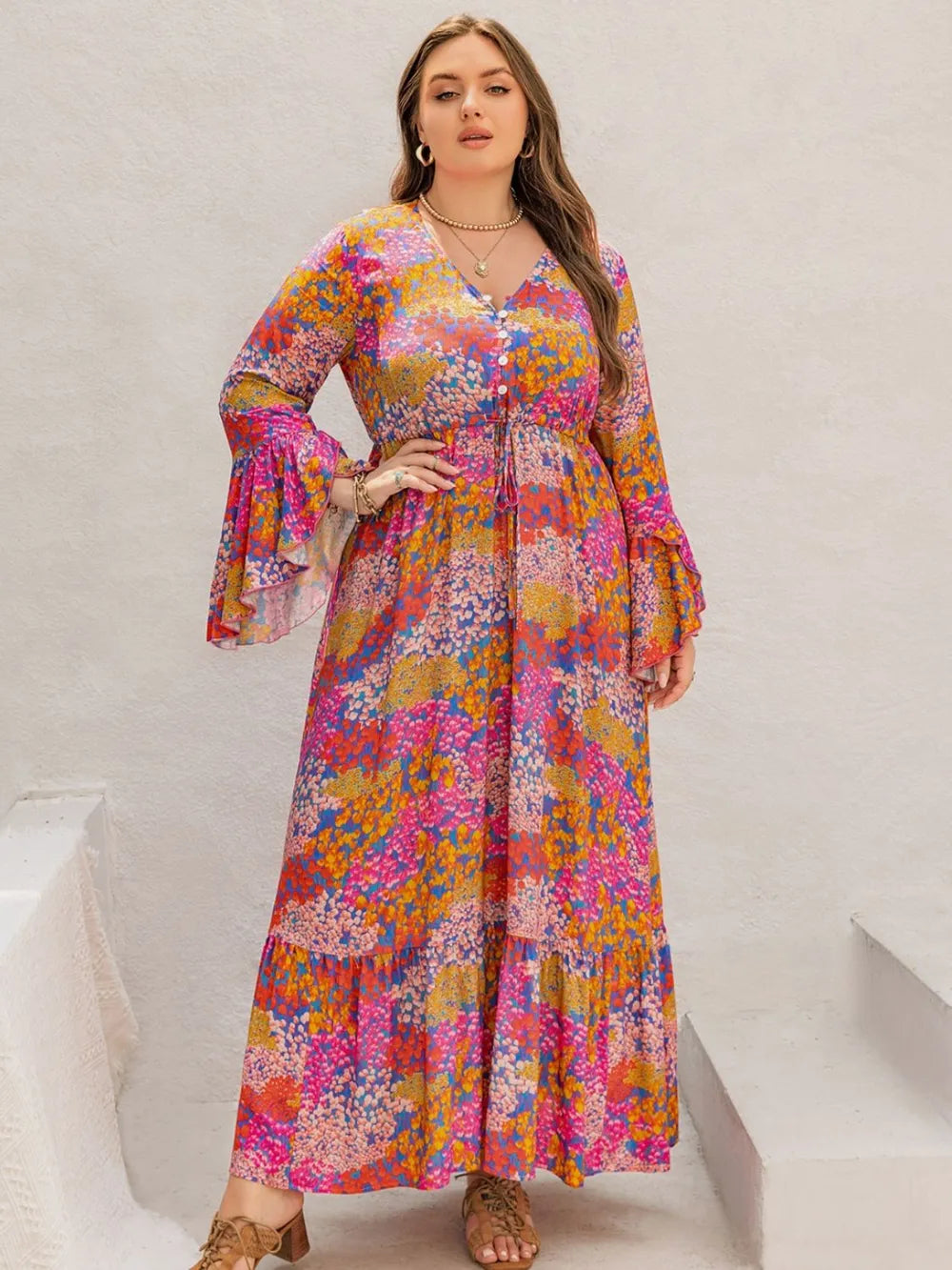 Plus Size Printed V-Neck Long Sleeve Maxi Dress - LoveNest Treasures