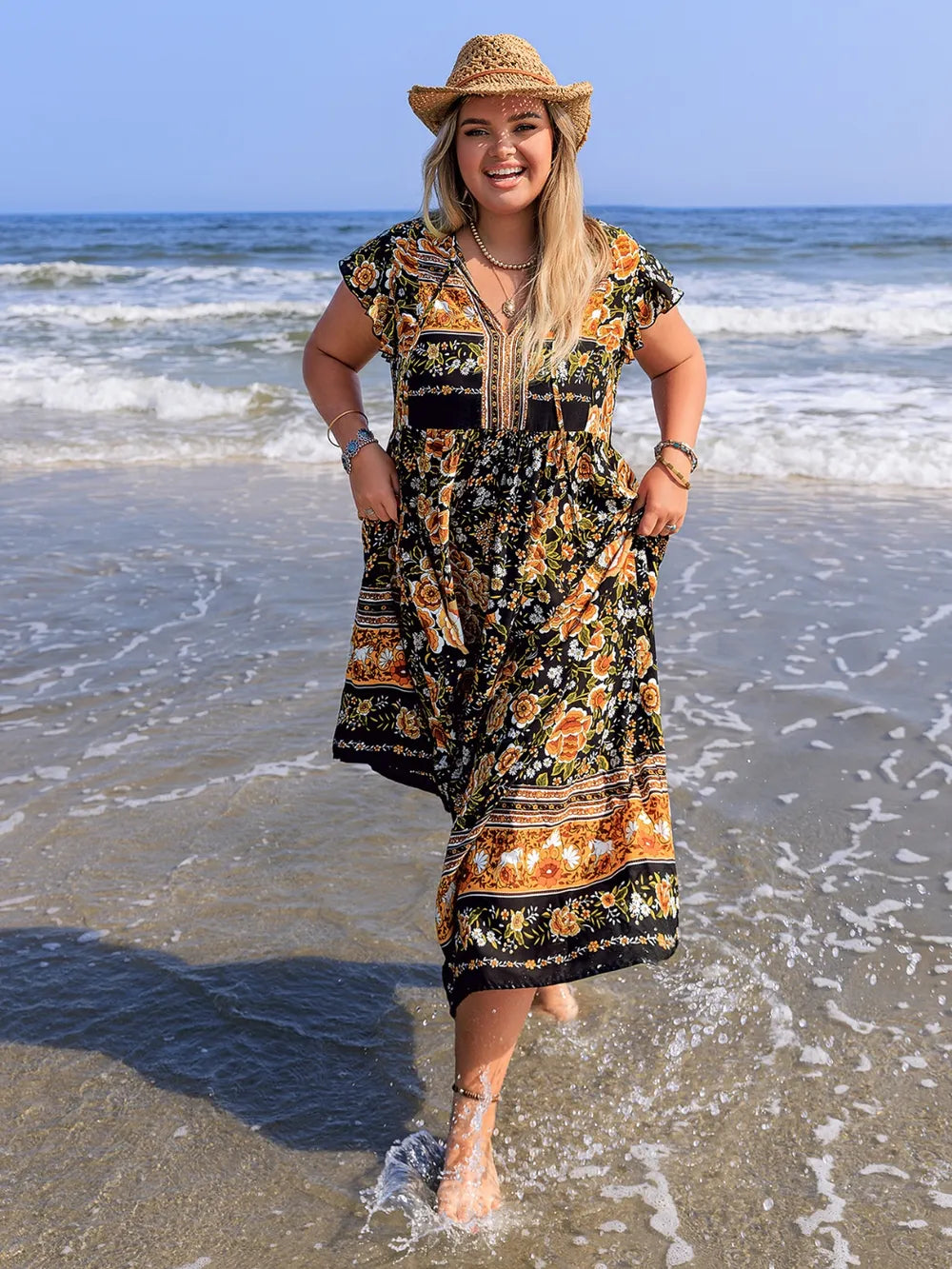 Plus Size Printed V-Neck Ruffle Cap Sleeve Maxi Dress - LoveNest Treasures