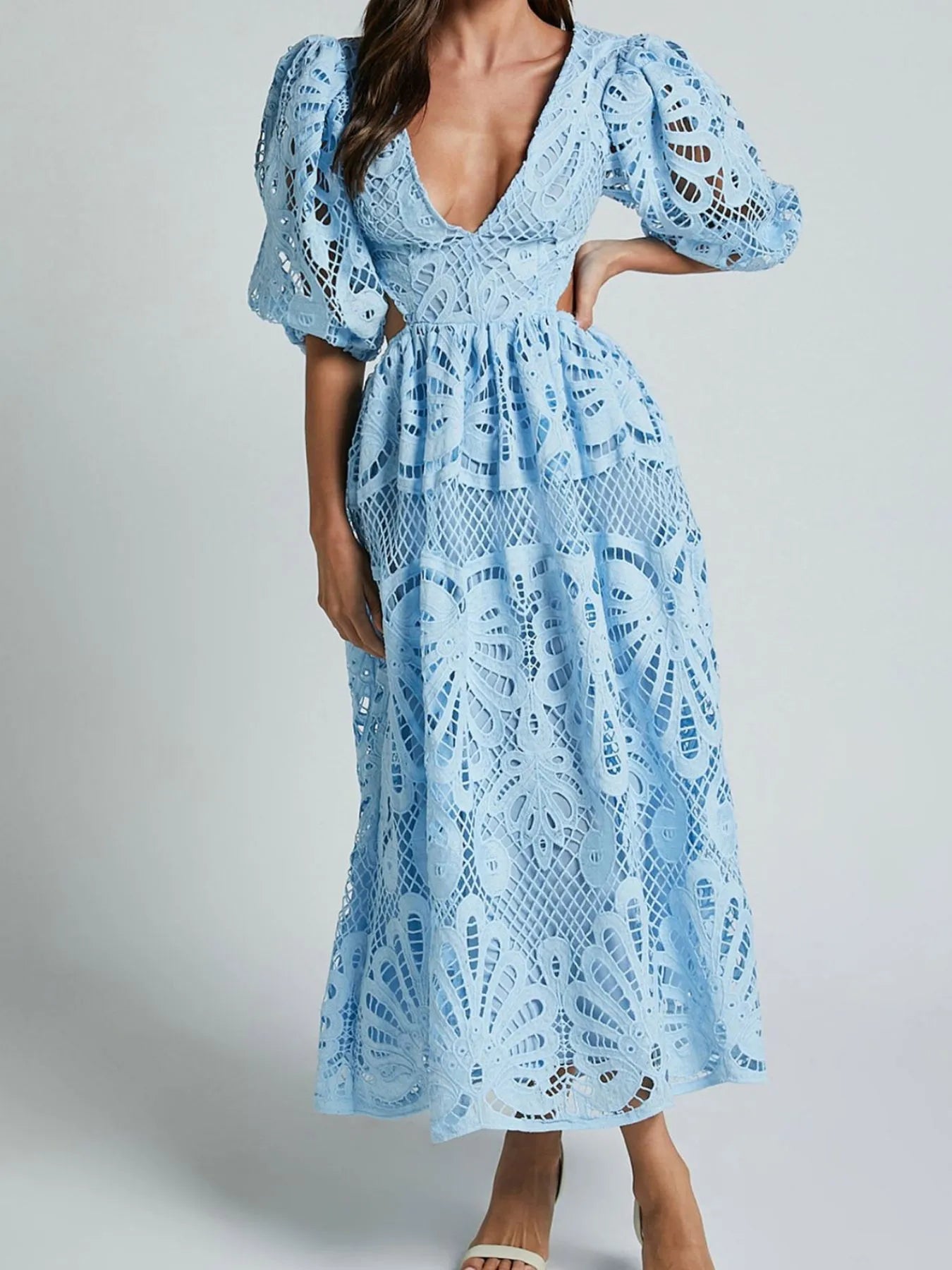 Cutout Back Lace Crochet V-Neck Dress - LoveNest Treasures