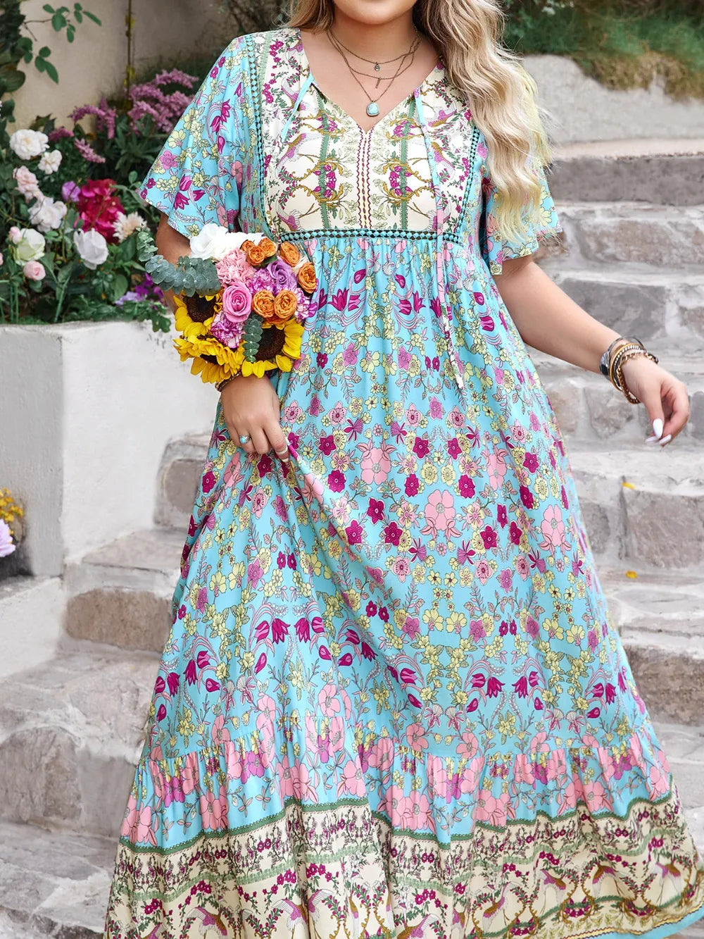 Plus Size Printed Tie Neck Flutter Sleeve Maxi Dress - LoveNest Treasures