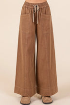 Mittoshop Mineral Wash Wide Leg Elastic Waist Twill Pants - LoveNest Treasures