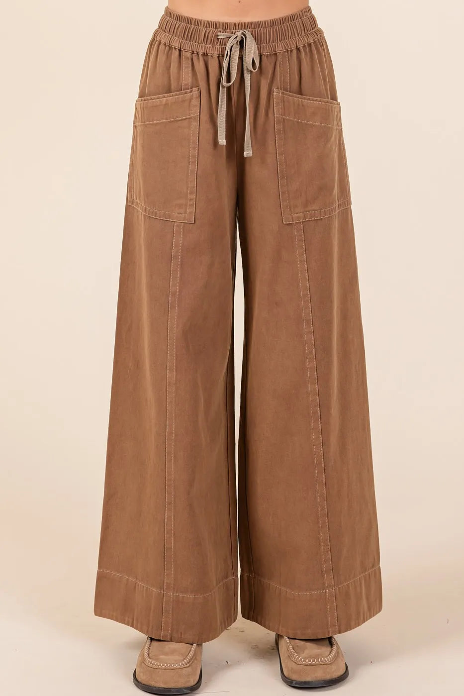 Mittoshop Mineral Wash Wide Leg Elastic Waist Twill Pants - LoveNest Treasures