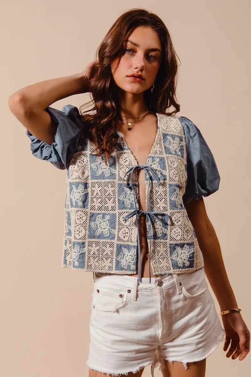 SO ME Crochet Lace Tie Front V Neck Blouse Top - LoveNest Treasures