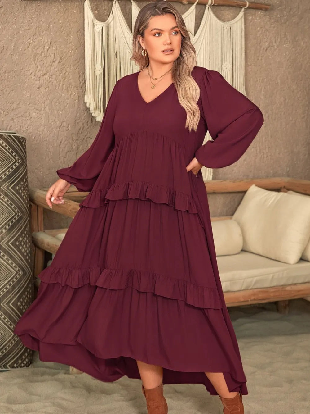 Plus Size Ruffled V-Neck Long Sleeve Dress - LoveNest Treasures