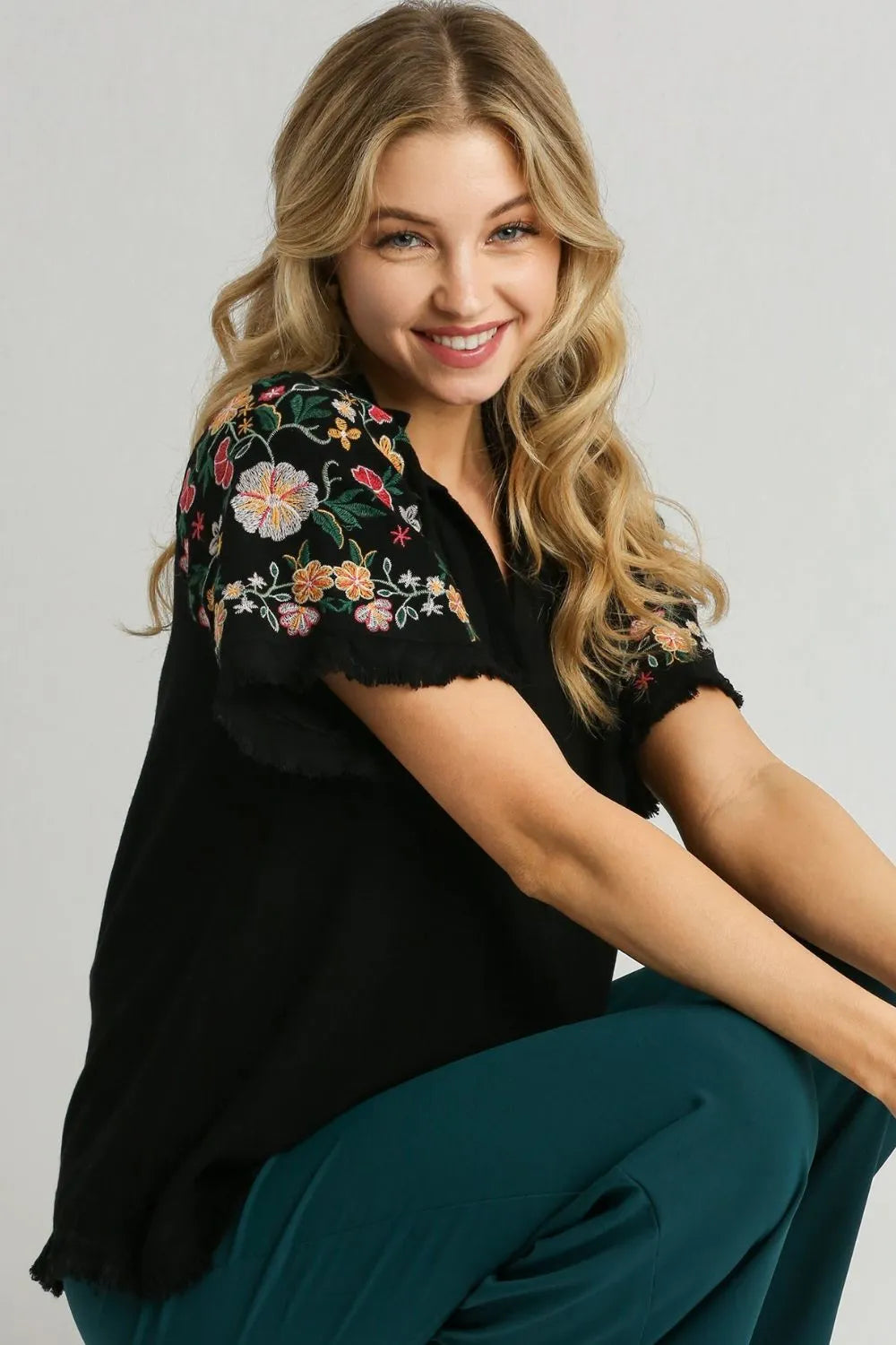 Umgee Full Size Linen Shirt with Embroidered Sleeves Plus Size - LoveNest Treasures