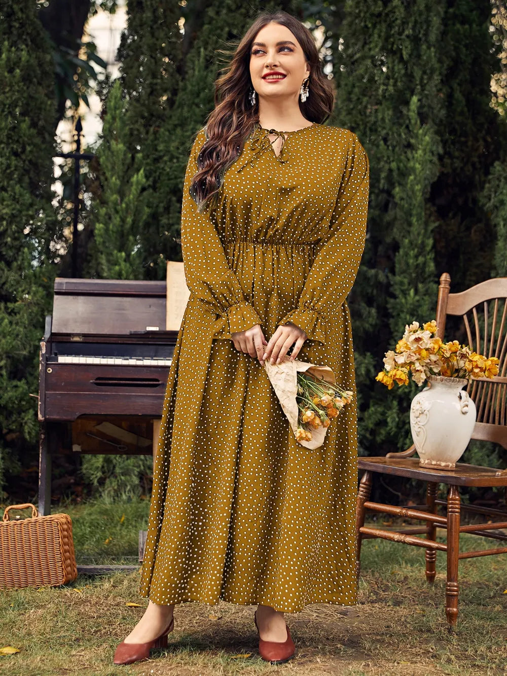 Honey Plus Size Ruffled Polka Dot Long Sleeve Midi Dress - LoveNest Treasures