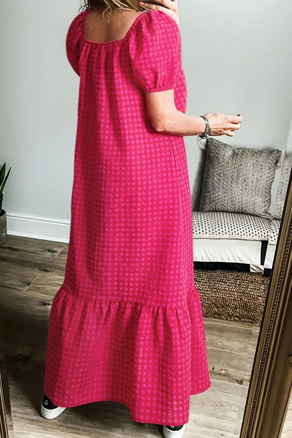 SYNZ Gingham Check Bubble Sleeve Ruffled Maxi Dress - LoveNest Treasures