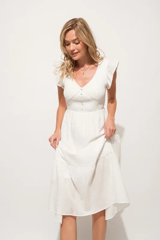 And The Why Ruffle Sleeve Front Smocked Tiered Midi Dress - LoveNest Treasures