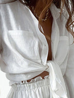 Full Size Button Up Balloon Sleeve Top and Shorts Set Plus Size - LoveNest Treasures