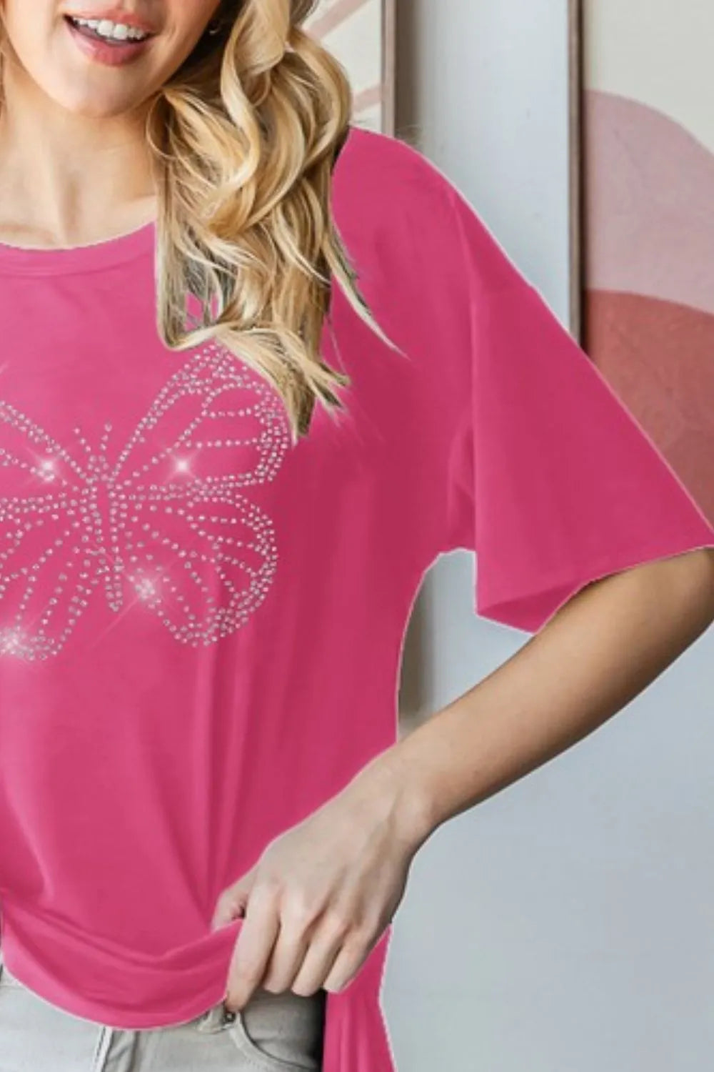 Heimish Full Size Rhinestone Butterfly Round Neck Short Sleeve T-Shirt Plus Size - LoveNest Treasures