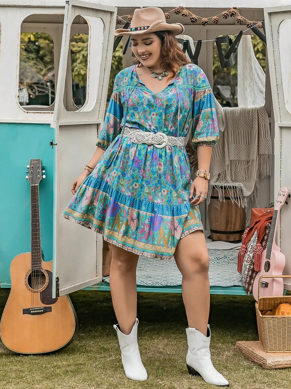Plus Size Printed Tie Neck Mini Dress - LoveNest Treasures
