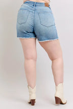Judy Blue Full Size High Waist Western Embroidery Detail Cut Off Denim Shorts Plus Size - LoveNest Treasures