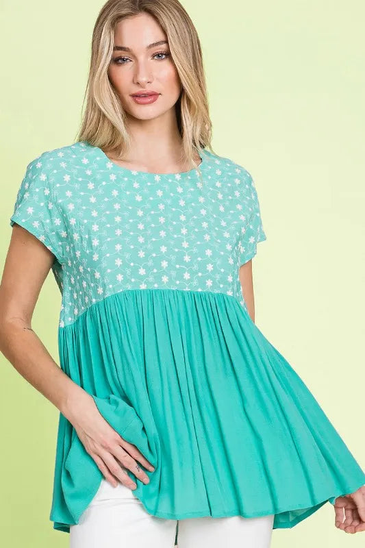 Lime 'N' Chili Full Size Embroidered Short Sleeve Pleated Babydoll Top Plus Size - LoveNest Treasures
