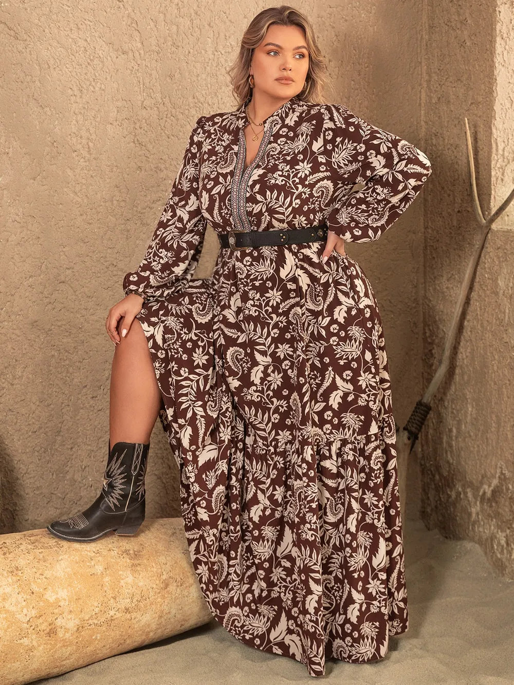 Plus Size Notched Balloon Sleeve Printed Maxi Dress - LoveNest Treasures