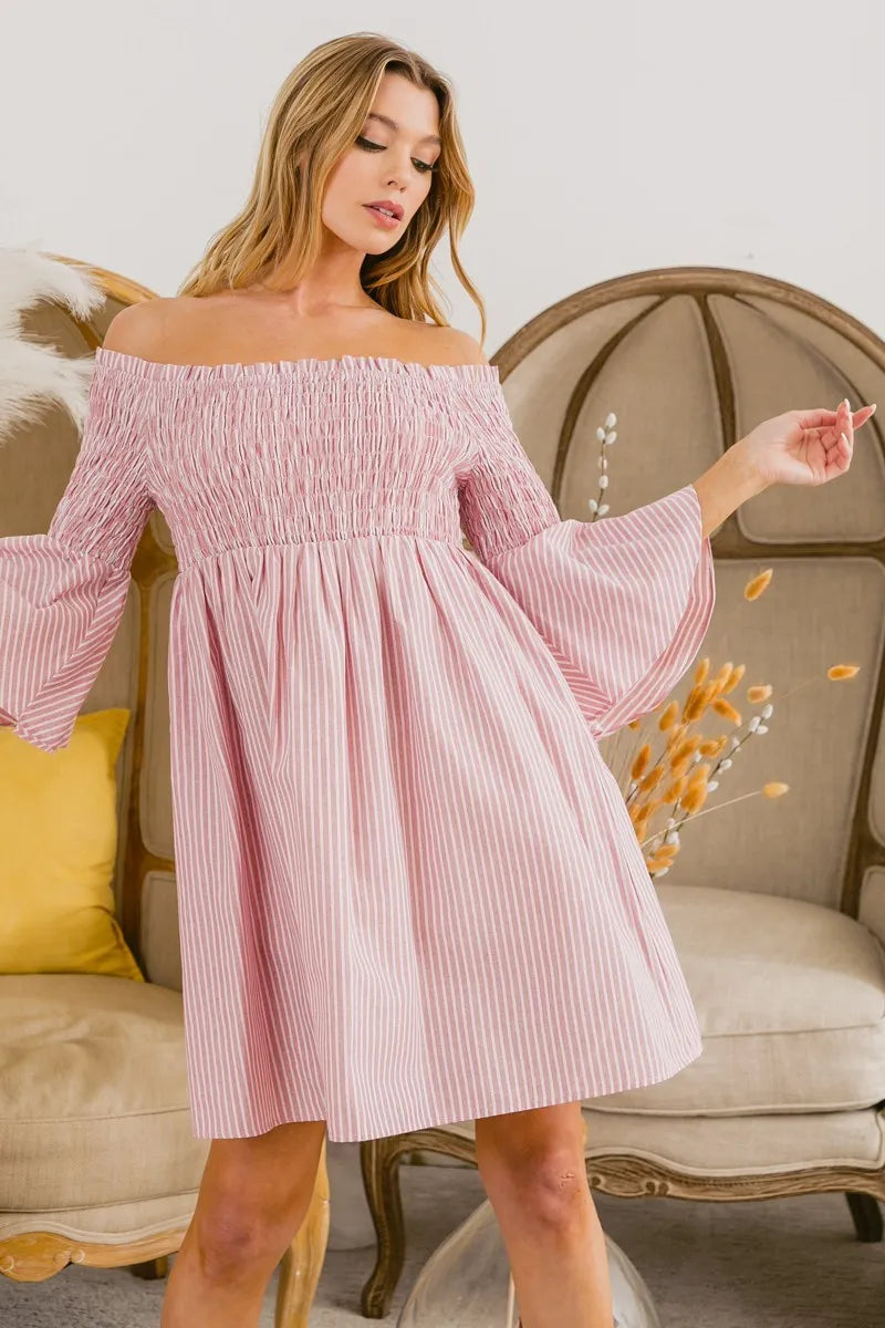 BiBi Smocked Off Shoulder Striped Dress - LoveNest Treasures